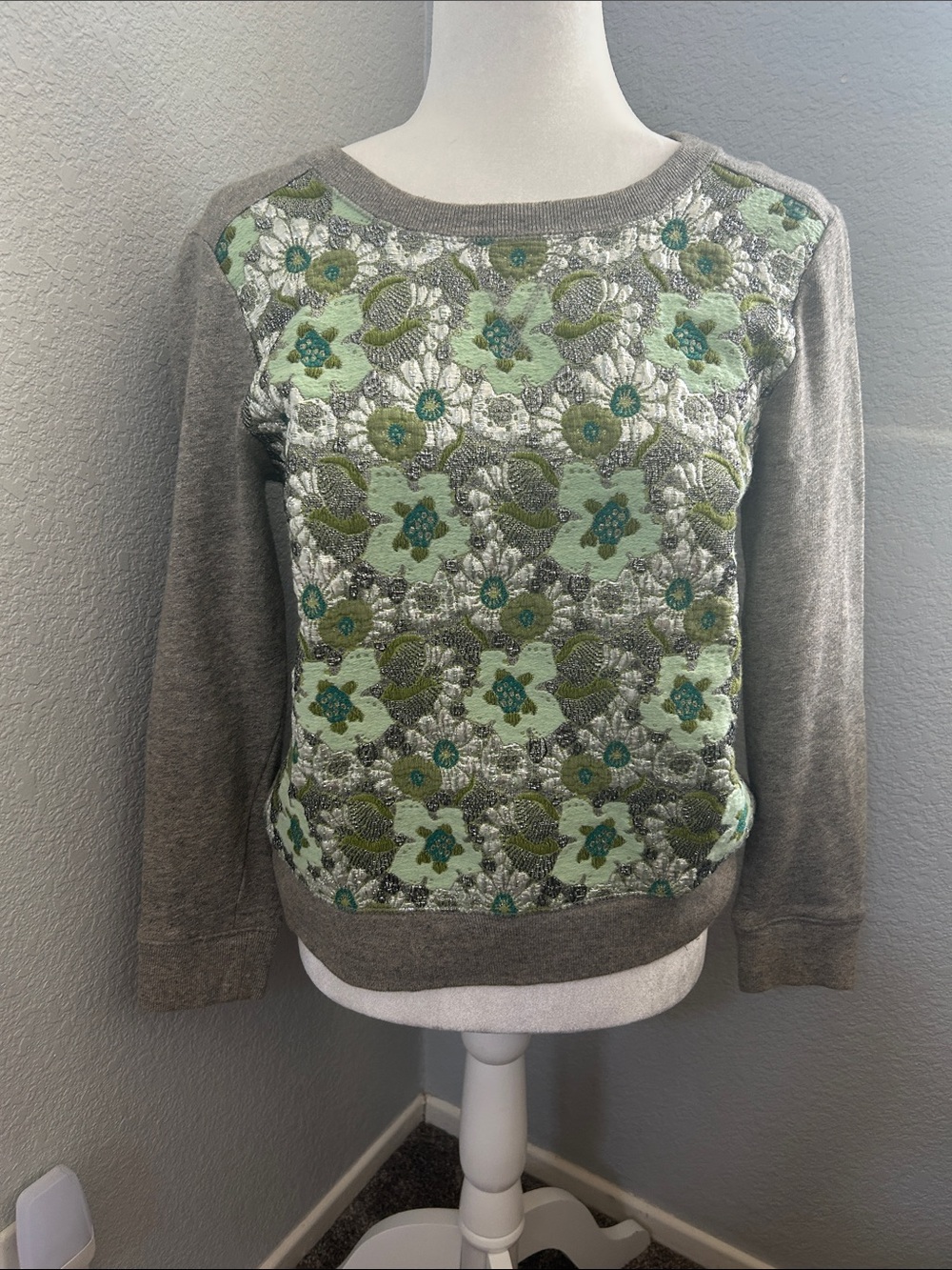 J. Crew Gray Crewneck Sweater with Mint Green Floral Front